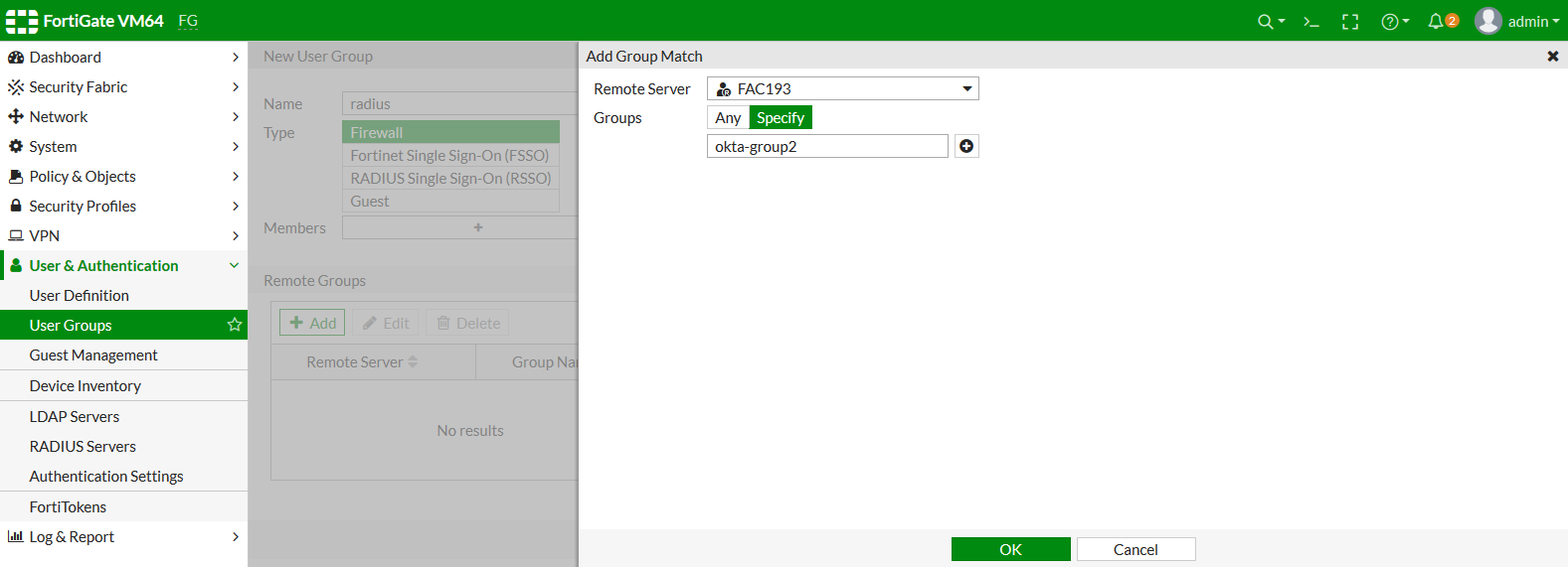 Support for Okta RADIUS attributes filterId and class FortiGate / FortiOS 6.4.0
